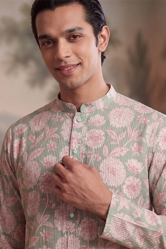 Ethnic Bay Mens Green Linen Blend Floral Printed Kurta MKU2624