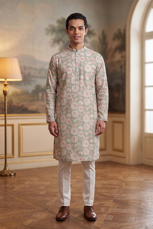 Ethnic Bay Mens Green Linen Blend Floral Printed Kurta With Trouser MKSET2624