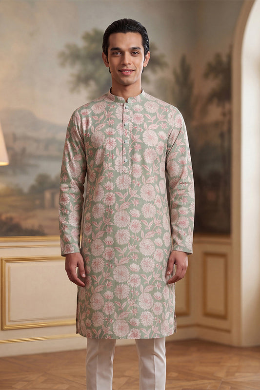 Ethnic Bay Mens Green Linen Blend Floral Printed Kurta MKU2624