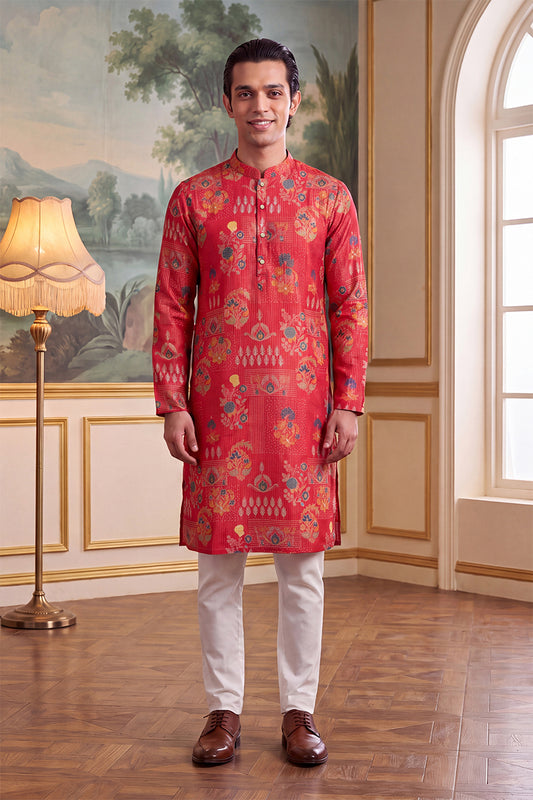 Ethnic Bay Mens Pink Linen Blend Floral Printed Kurta With Trouser MKSET2626