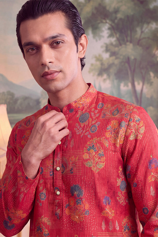 Ethnic Bay Mens Pink Linen Blend Floral Printed Kurta MKU2626