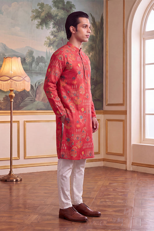 Ethnic Bay Mens Pink Linen Blend Floral Printed Kurta MKU2626