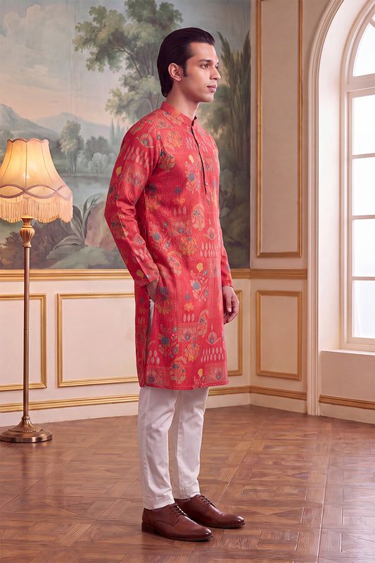 Ethnic Bay Mens Pink Linen Blend Floral Printed Kurta With Trouser MKSET2626