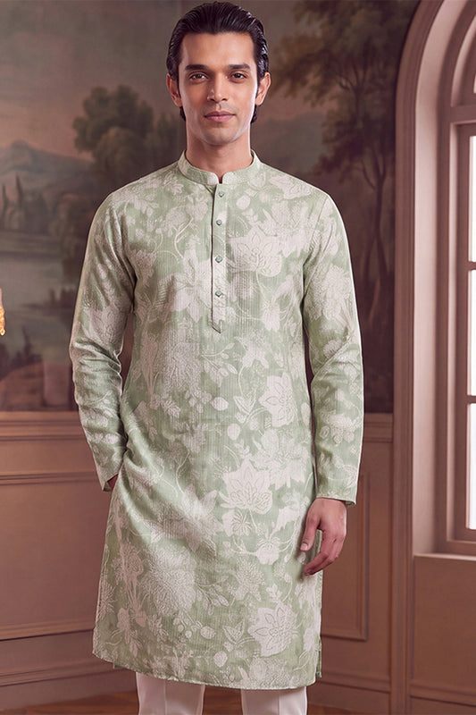 Ethnic Bay Mens Green Linen Blend Floral Printed Kurta With Trouser MKSET2628