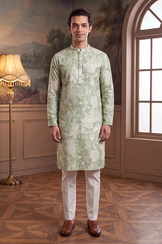 Ethnic Bay Mens Green Linen Blend Floral Printed Kurta With Trouser MKSET2628