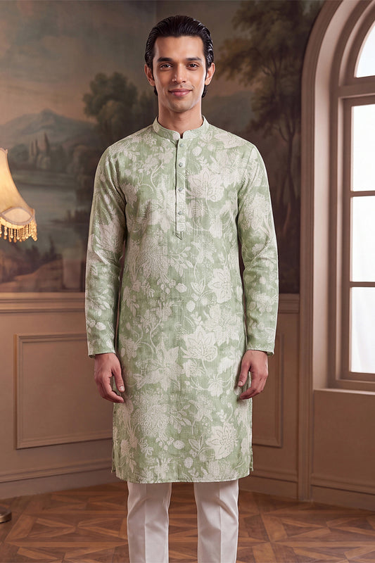 Ethnic Bay Mens Green Linen Blend Floral Printed Kurta With Trouser MKSET2628