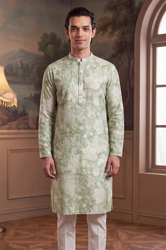 Ethnic Bay Mens Green Linen Blend Floral Printed Kurta With Trouser MKSET2628