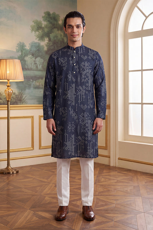 Ethnic Bay Mens Blue Linen Blend Ethnic Motifs Printed Kurta With Trouser MKSET2630