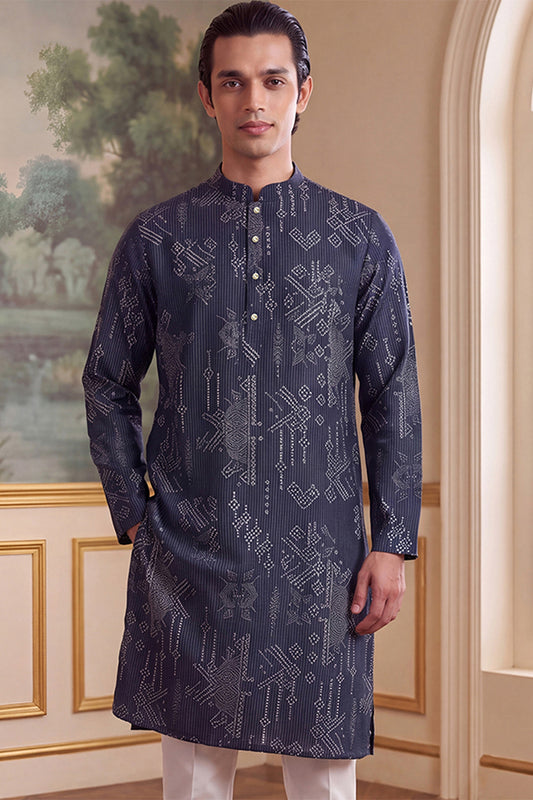 Ethnic Bay Mens Blue Linen Blend Ethnic Motifs Printed Kurta MKU2630