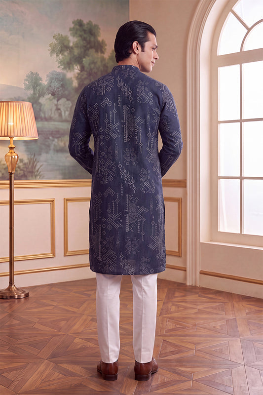 Ethnic Bay Mens Blue Linen Blend Ethnic Motifs Printed Kurta MKU2630