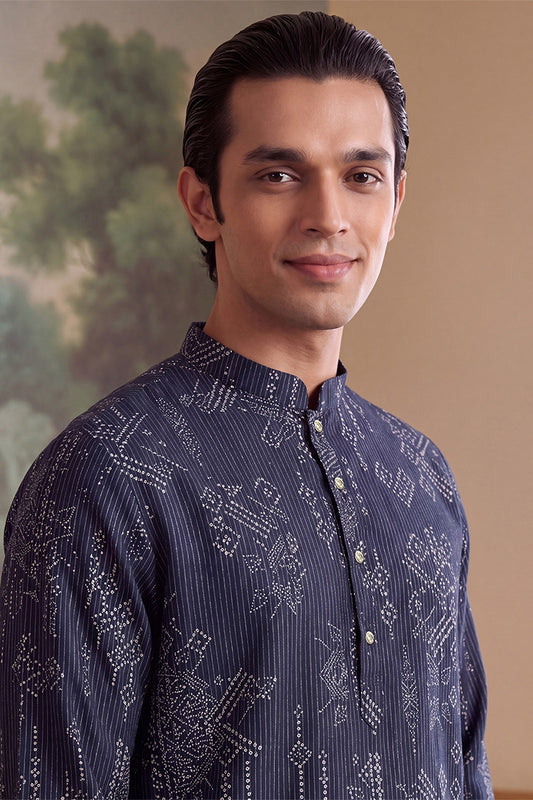 Ethnic Bay Mens Blue Linen Blend Ethnic Motifs Printed Kurta With Trouser MKSET2630