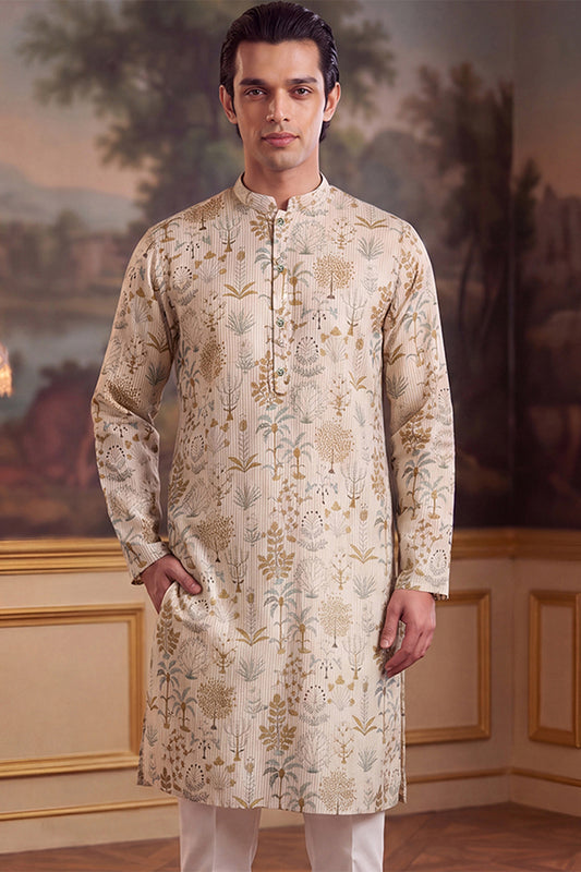 Ethnic Bay Mens Off White Linen Blend Ethnic Motifs Printed Kurta MKU2631