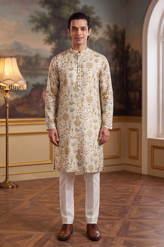 Ethnic Bay Mens Off White Linen Blend Ethnic Motifs Printed Kurta MKU2631