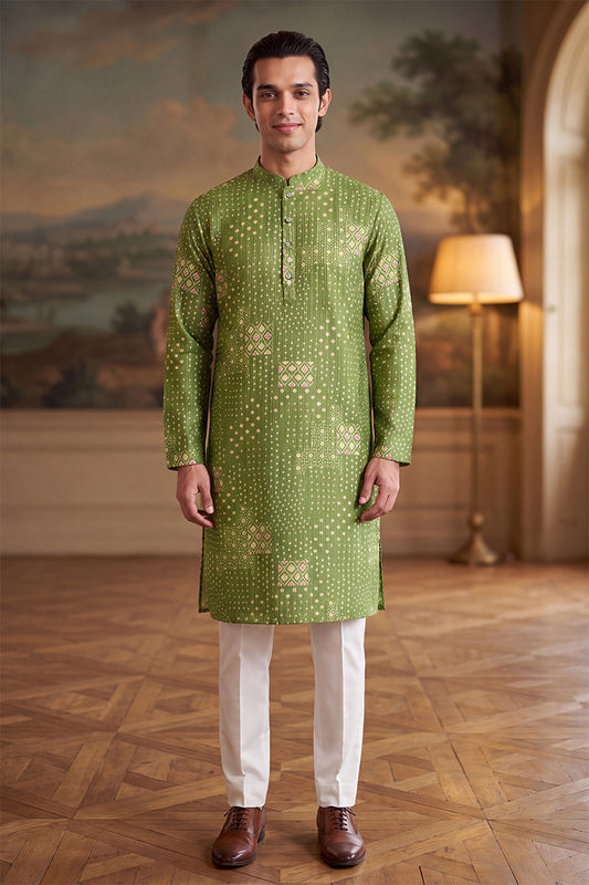 Ethnic Bay Mens Green Linen Blend Bandhani Printed Kurta MKU2639