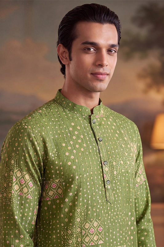 Ethnic Bay Mens Green Linen Blend Bandhani Printed Kurta With Trouser MKSET2639