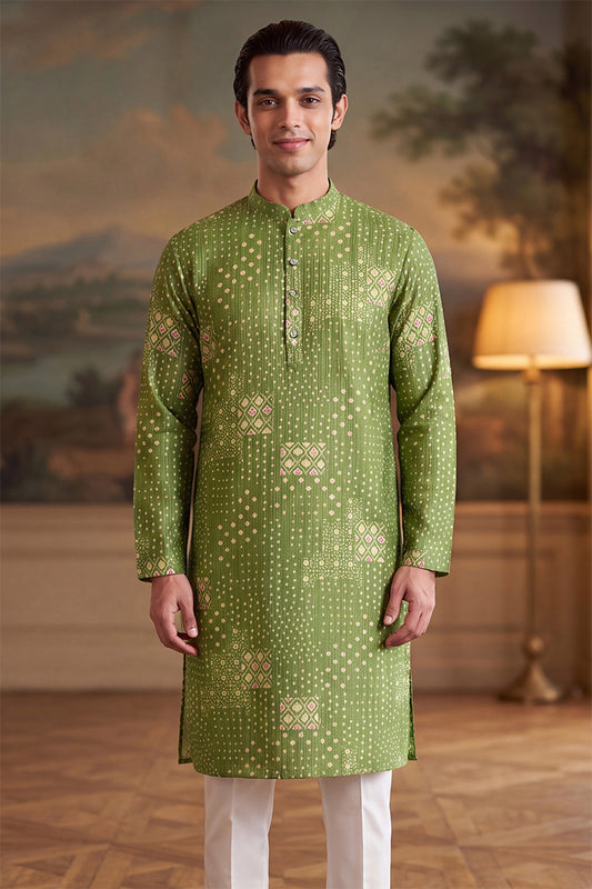 Ethnic Bay Mens Green Linen Blend Bandhani Printed Kurta With Trouser MKSET2639