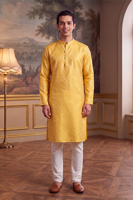 Ethnic Bay Mens Yellow Jacquard Ethnic Motifs Woven Design Kurta With Trouser MKSET2640