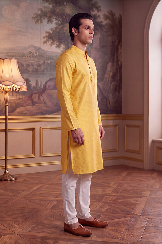 Ethnic Bay Mens Yellow Jacquard Ethnic Motifs Woven Design Kurta With Trouser MKSET2640
