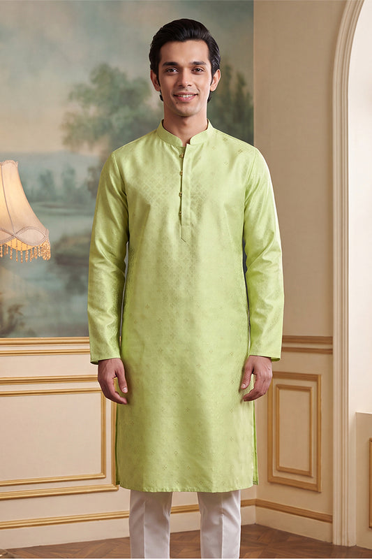 Ethnic Bay Mens Green Jacquard Ethnic Motifs Woven Design Kurta With Trouser MKSET2641