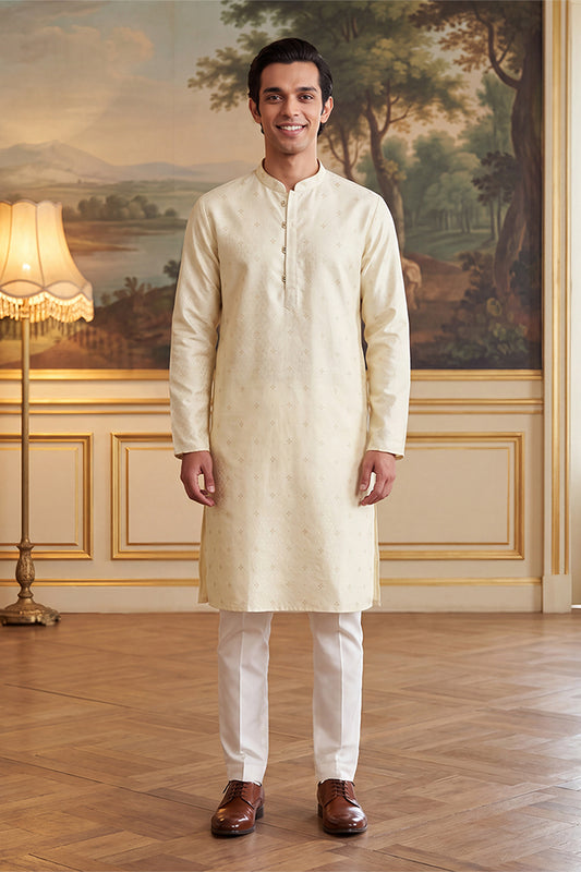 Ethnic Bay Mens Off White Jacquard Ethnic Motifs Woven Design Kurta MKU2643