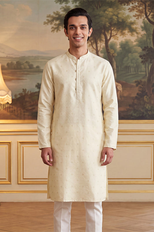 Ethnic Bay Mens Off White Jacquard Ethnic Motifs Woven Design Kurta With Trouser MKSET2643