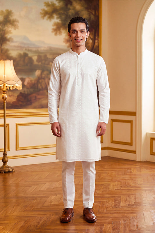 Ethnic Bay Mens White Cotton Ethnic Motifs Woven Design Kurta With Trouser MKSET2705