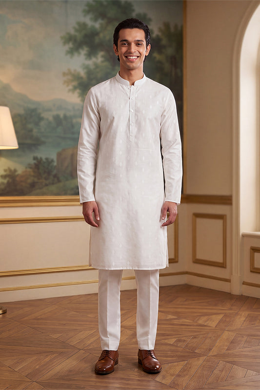Ethnic Bay Mens White Cotton Ethnic Motifs Woven Design Kurta With Trouser MKSET2707