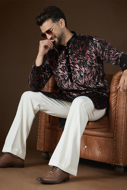 Ethnic Bay Mens Black Velvet Ethnic Motifs Printed  Kurta With Trouser MKSET2722