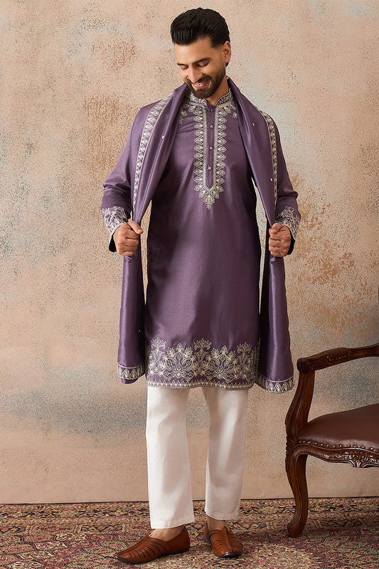 Ethnic Bay Mens Lavender Silk Blend Solid Embroidered Kurta With Dupatta MKUD1009