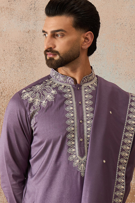 Ethnic Bay Mens Lavender Silk Blend Solid Embroidered Kurta With Dupatta MKUD1009