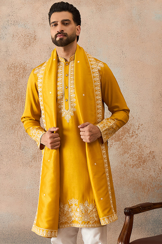 Ethnic Bay Mens Yellow Silk Blend Solid Embroidered Kurta & Trouser With Dupatta MKPD1010