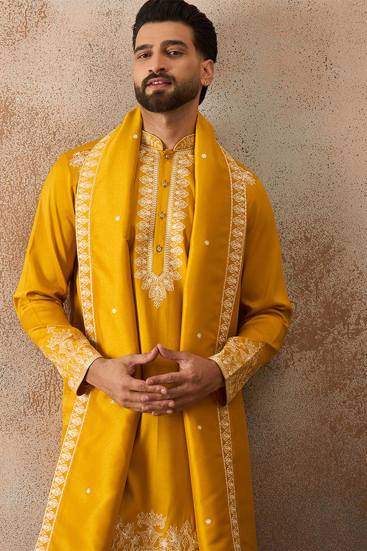 Ethnic Bay Mens Yellow Silk Blend Solid Embroidered Kurta & Trouser With Dupatta MKPD1010