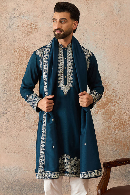 Ethnic Bay Mens Blue Silk Blend Solid Embroidered Kurta With Dupatta MKUD1011