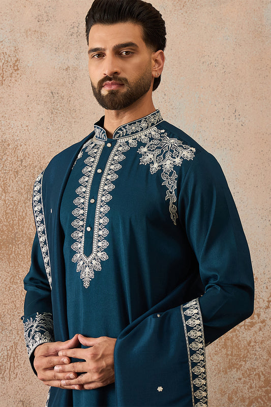 Ethnic Bay Mens Blue Silk Blend Solid Embroidered Kurta & Trouser With Dupatta MKPD1011