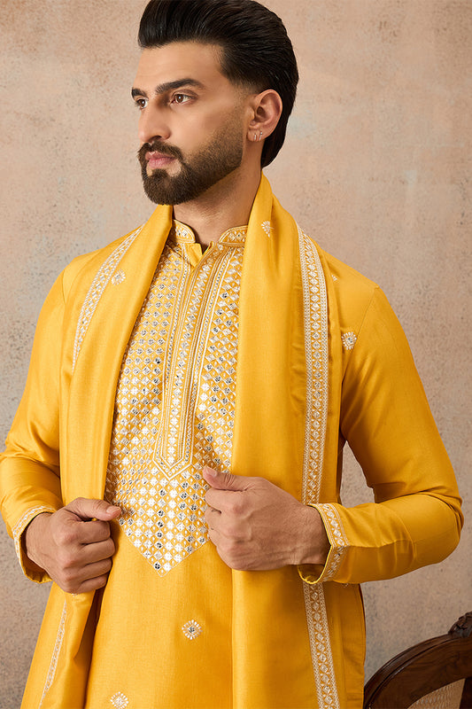 Ethnic Bay Mens Yellow Silk Blend Solid Embroidered Kurta And Trouser With Dupatta MKPD1015
