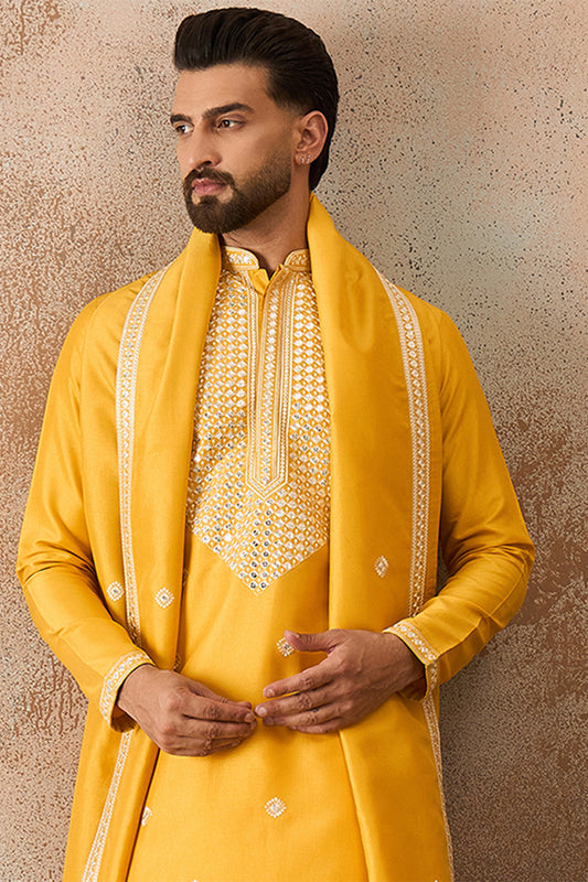 Ethnic Bay Mens Yellow Silk Blend Solid Embroidered Kurta And Trouser With Dupatta MKPD1015