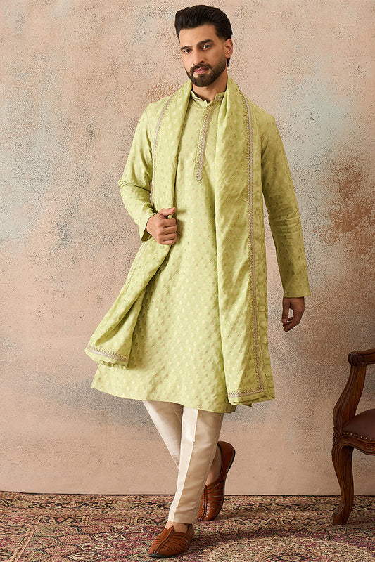 Ethnic Bay Men Green Jacquard Woven Design Floral Straight Kurta with Dupatta MKUD1018