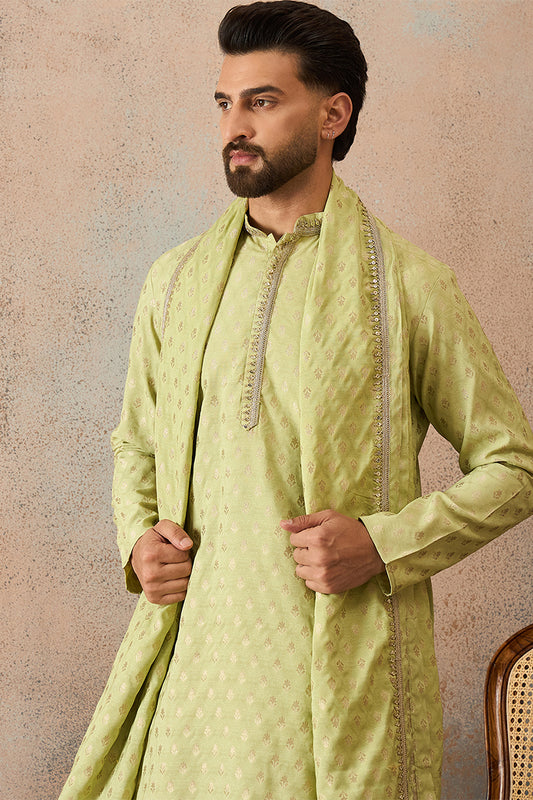 Ethnic Bay Men Green Jacquard Woven Design Floral Straight Kurta Sets MKPD1018