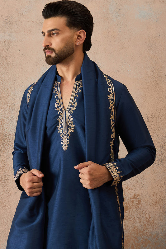 Ethnic Bay Mens Blue Silk Blend Solid Embroidered Kurta With Dupatta MKUD1020