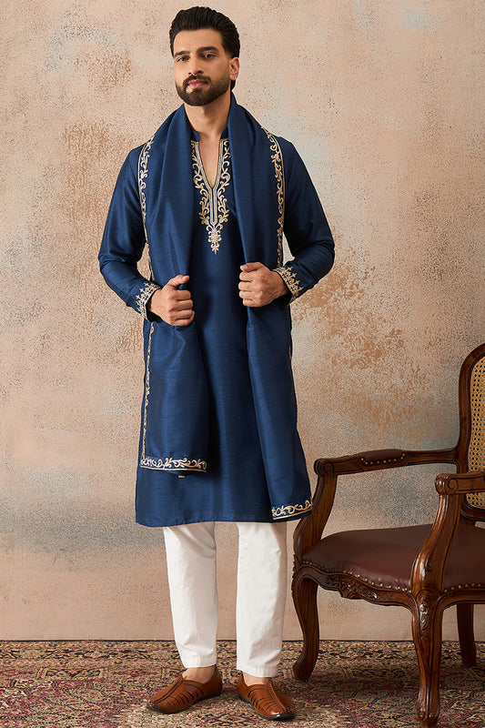 Ethnic Bay Mens Blue Silk Blend Solid Embroidered Kurta With Dupatta MKUD1020