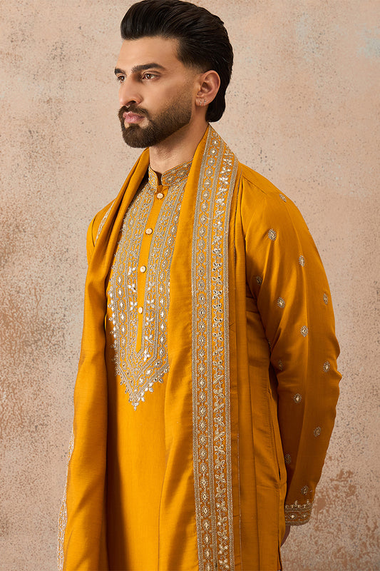 Ethnic Bay Mens Mustard Silk Blend Solid Embroidered Kurta And Trouser With Dupatta MKPD1029