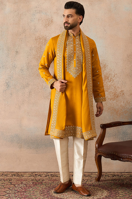 Ethnic Bay Mens Mustard Silk Blend Solid Embroidered Kurta And Trouser With Dupatta MKPD1029