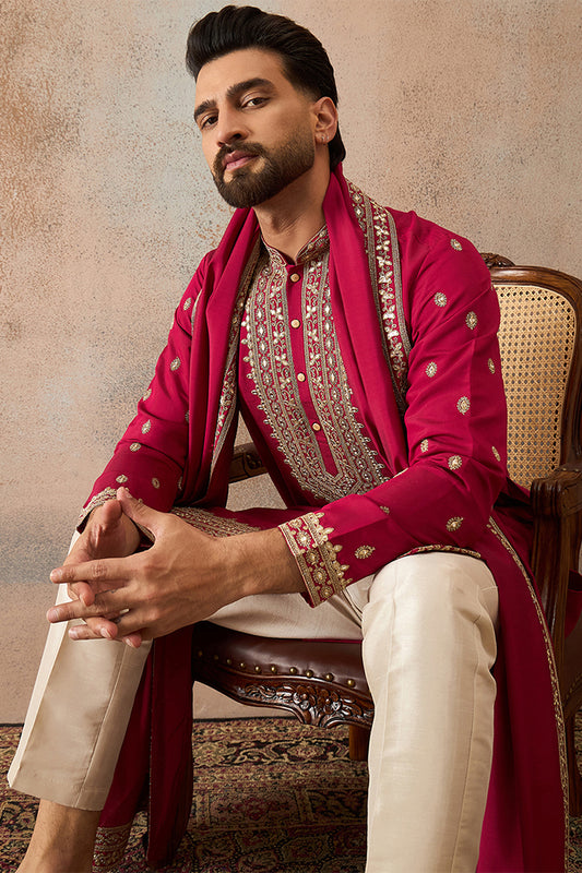 Ethnic Bay Mens Pink Silk Blend Solid Embroidered Kurta With Dupatta MKUD1030