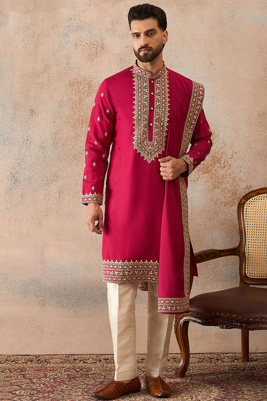 Ethnic Bay Mens Pink Silk Blend Solid Embroidered Kurta And Trouser With Dupatta MKPD1030