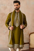 Ethnic Bay Mens Green Silk Blend Solid Embroidered Kurta And Trouser With Dupatta MKPD1031