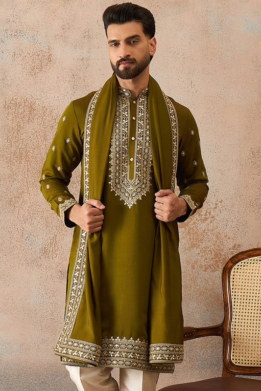 Ethnic Bay Mens Green Silk Blend Solid Embroidered Kurta With Dupatta MKUD1031