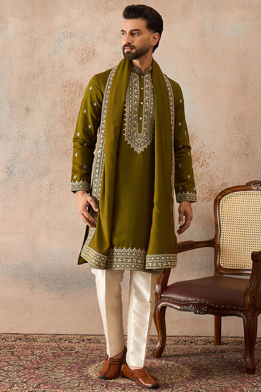 Ethnic Bay Mens Green Silk Blend Solid Embroidered Kurta With Dupatta MKUD1031