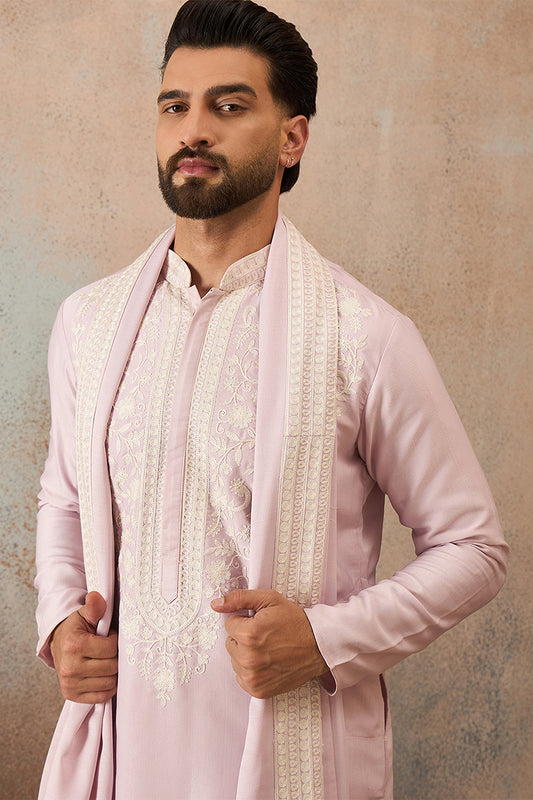 Ethnic Bay Mens Lavender Silk Blend Solid Embroidered Kurta With Dupatta MKUD1038