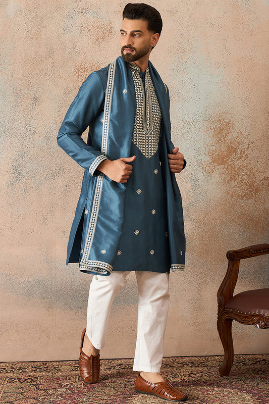 Ethnic Bay Mens Blue Silk Blend Solid Embroidered Kurta With Dupatta MKUD1048