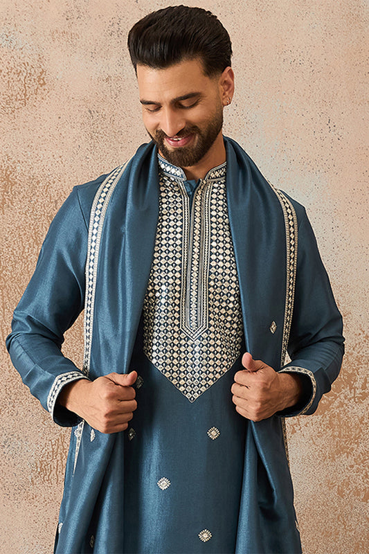 Ethnic Bay Mens Blue Silk Blend Solid Embroidered Kurta With Dupatta MKUD1048